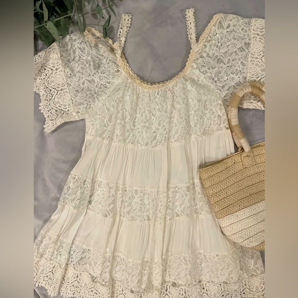 Boho Style Mini Dress | Off White Lace/Solid Pattern | Lined | Shoulder Cutout - Picture 1 of 13